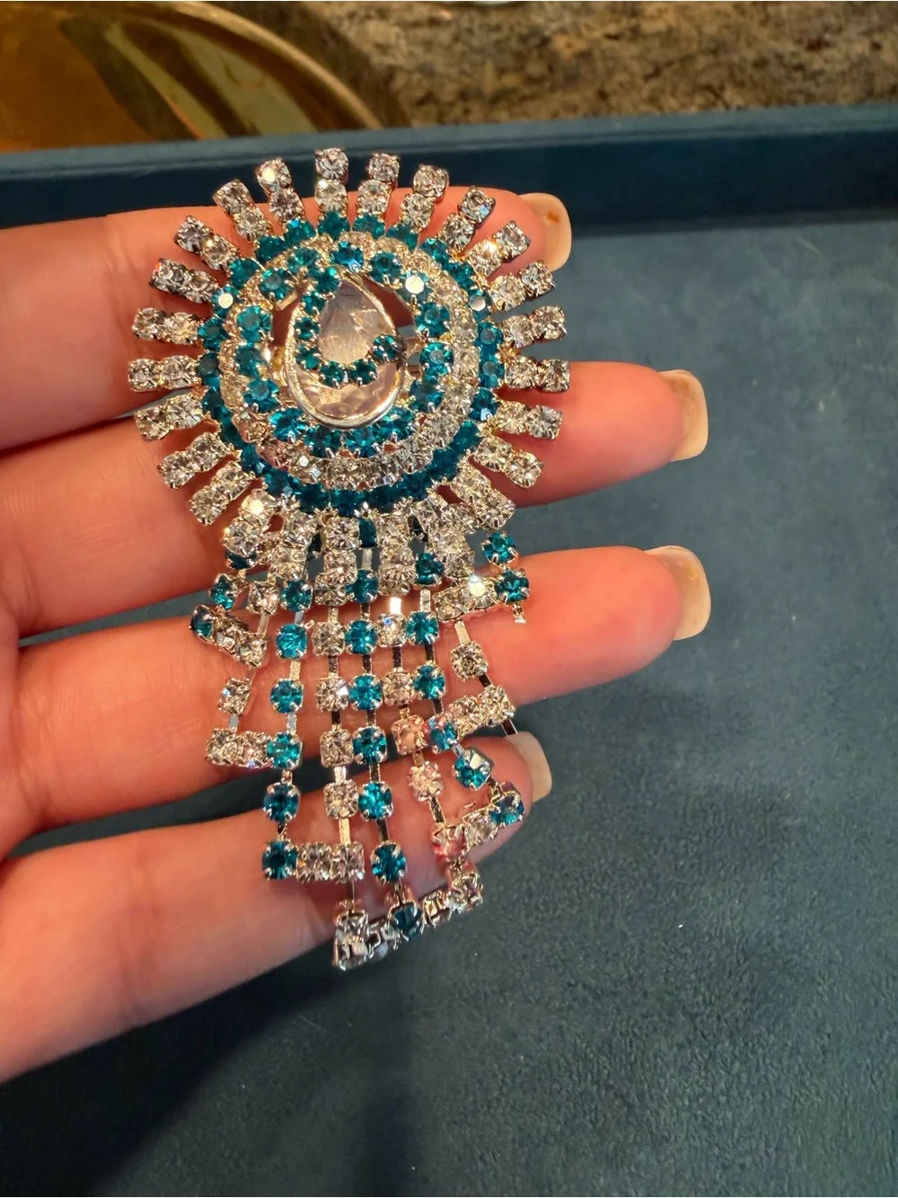 Crystal Teardrop Cascade Statement Lapel Pin / Brooch - Turquoise & Clear